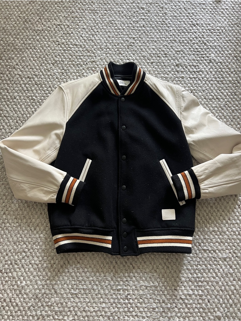 Coach Men's Black Wool and Cream Leather Varsity Jacket